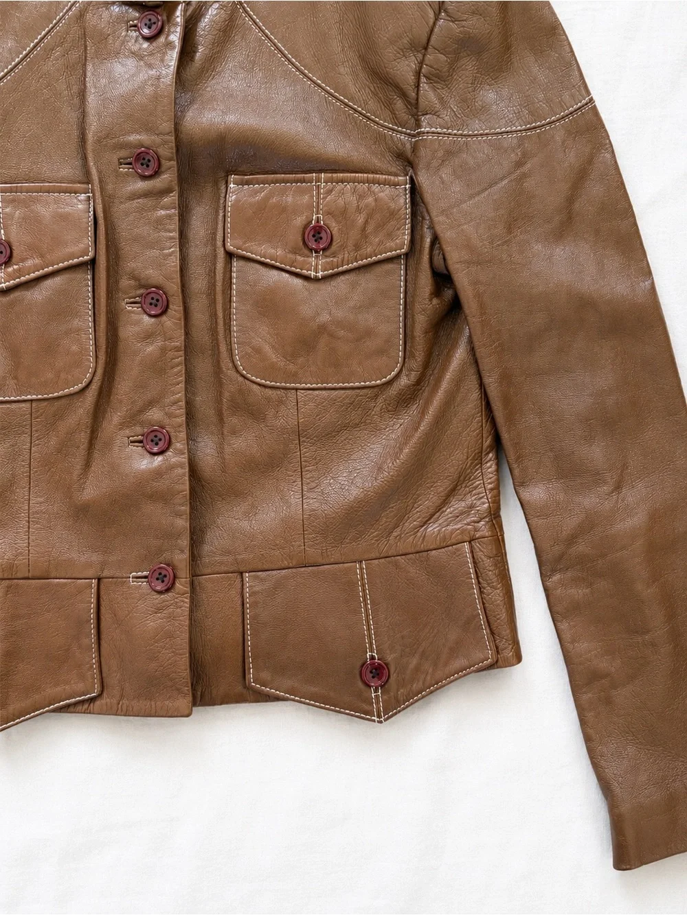 Vintage Y2K Zelda Cognac Lamb Leather Jacket Utility Pocket Boho Size 8 - Picture 3 of 7